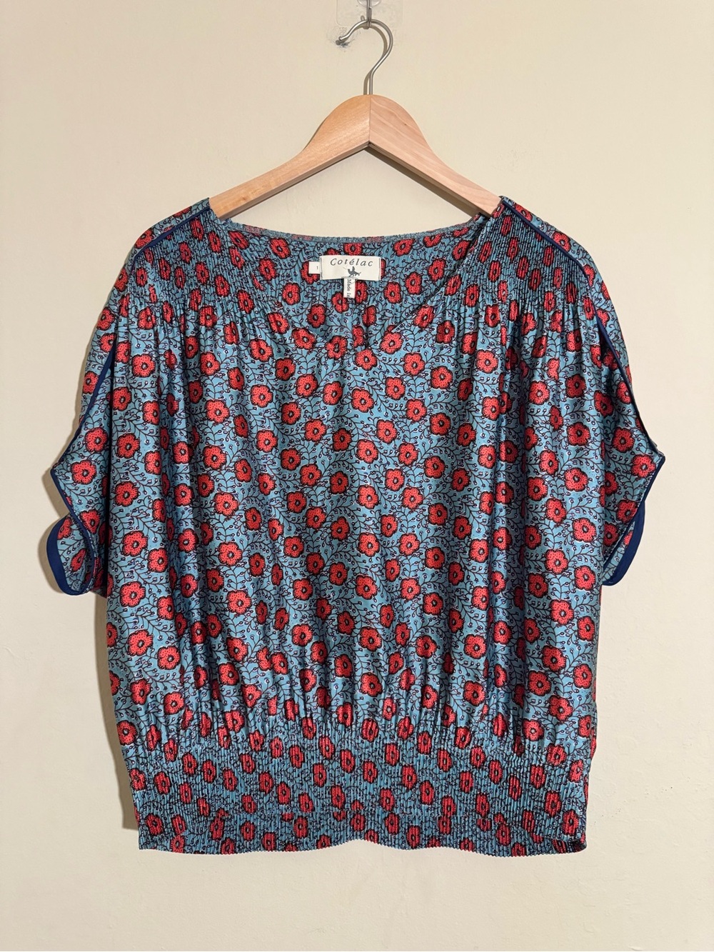 Cotelac Satin Blue Floral Short-Sleeve Women's Blouse size 1